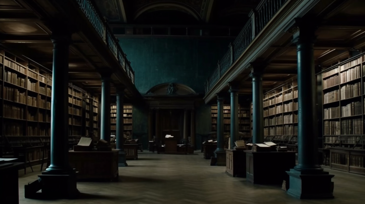 A grand library filled with rows of towering bookshelves bathed in soft, mysterious shadows under Romanesque arches.
